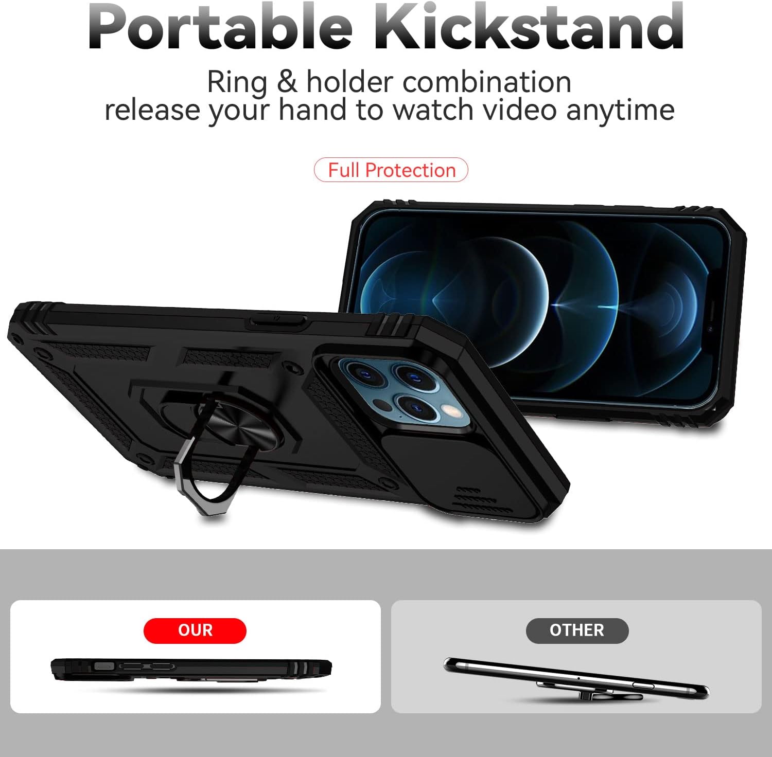 Funda para iPhone 12 Pro Max, con cubierta para lente de cámara, protector de pantalla HD, grado militar anillo de montaje en coche con soporte