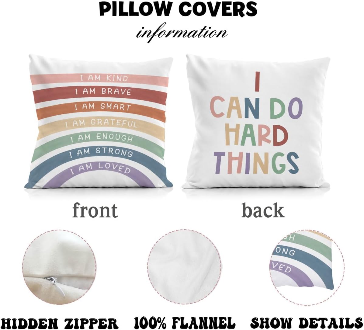 Juego de 2 fundas de almohada con texto en inglés “Rainbow Class”, fundas de almohada con texto en inglés “I Can Do Hard Things”, fundas de almohada