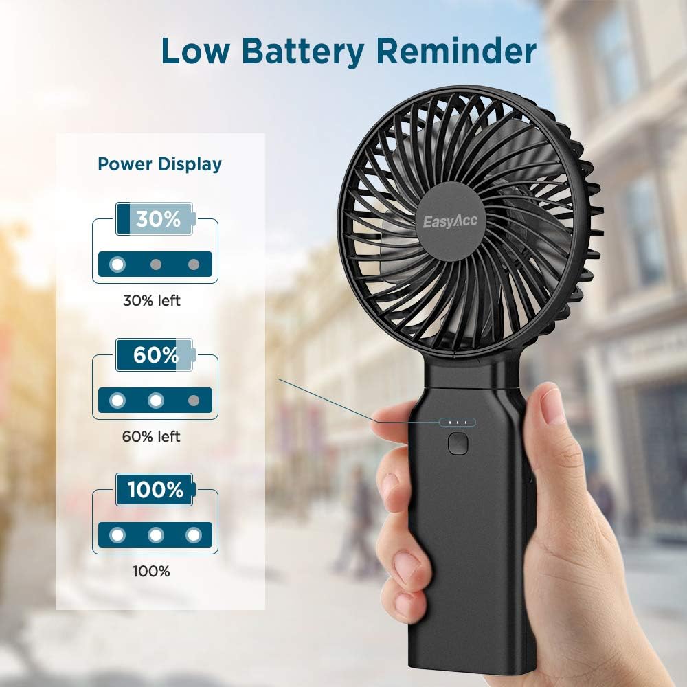 EasyAcc Handheld Fan Portable Fan, 9000 Rechargeable Battery Powered Fan Small Desk Fan, Powerful 4 Speeds 53H Cooling Time Personal Fan with Power