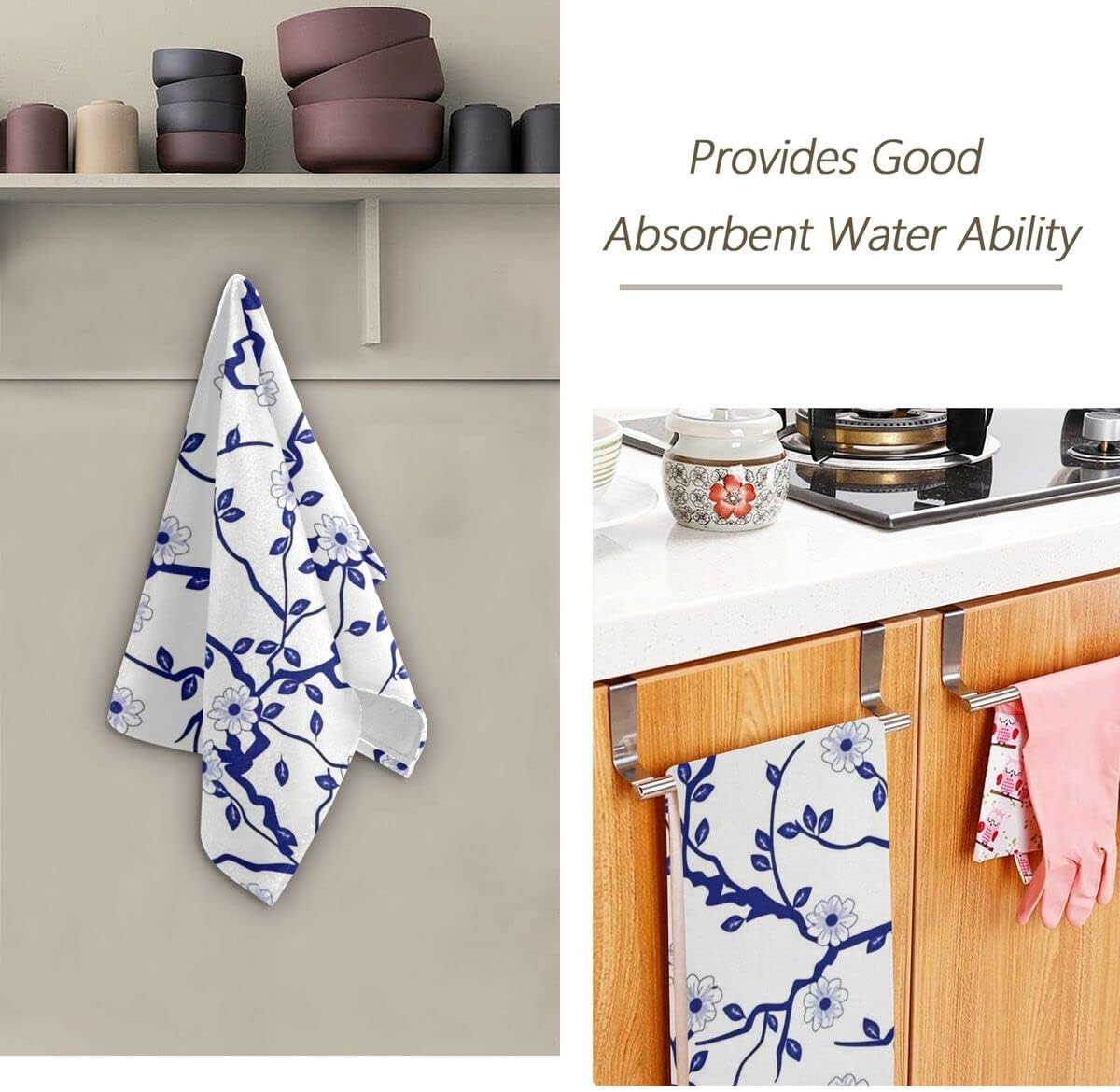 Giwawa Juego de 2 toallas de mano de estilo chino azul y blanco para baño, cocina, absorbente, suave, toallas de baño para el hogar, 28 x 14 pulgadas