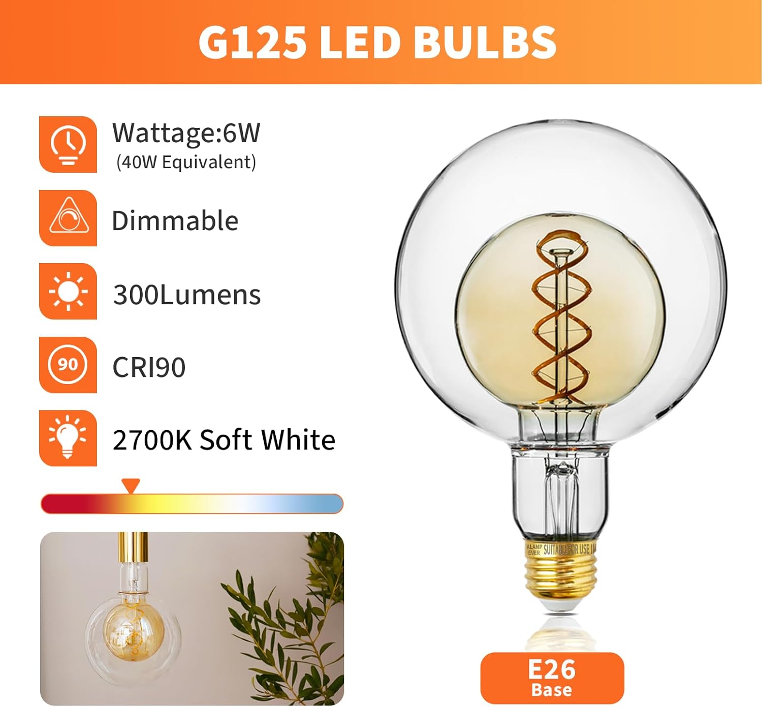 ALAMPEVER Bombillas LED de globo grandes, LED decorativas regulables con 6 W equivalentes a bombillas de 40 W, blanco suave de 2700 K, base E26, 300