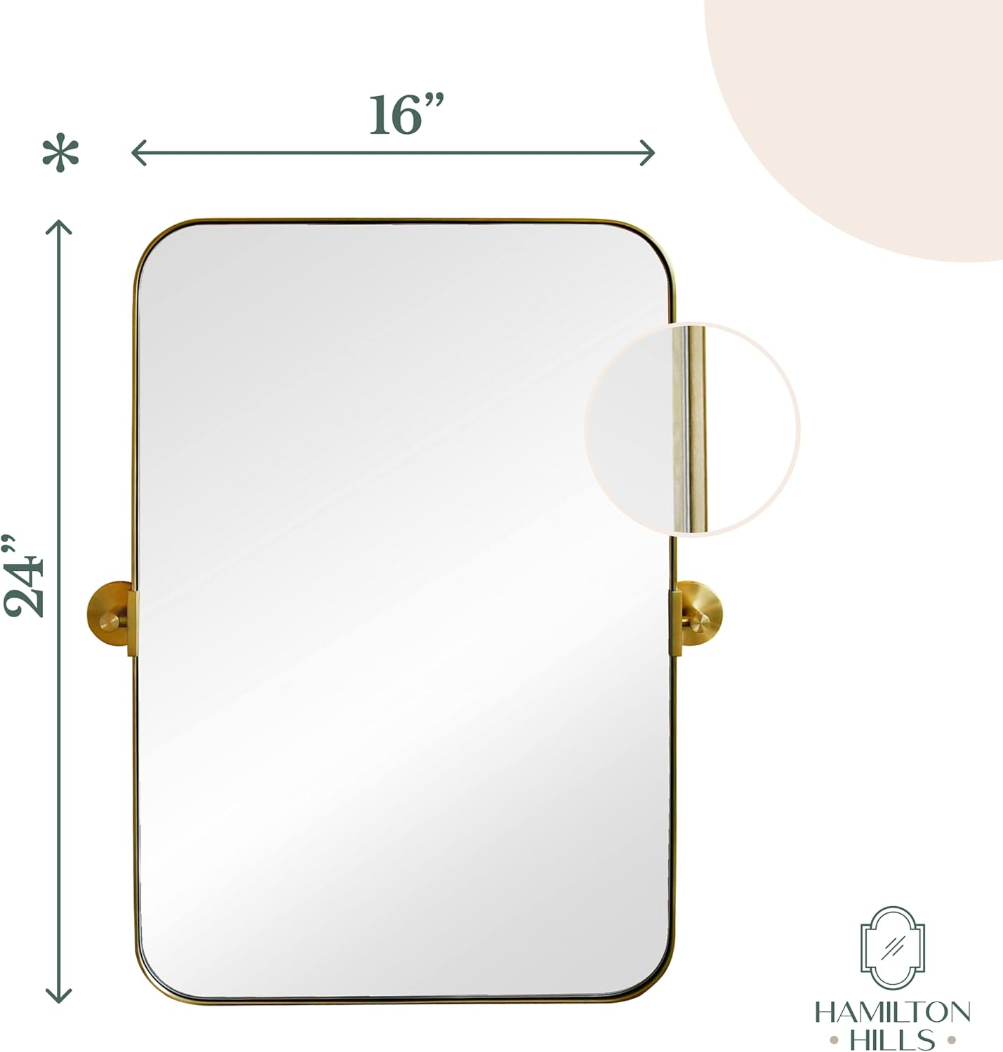Hamilton Hills Espejo con marco de metal dorado cepillado de 16 x 24 pulgadas, espejos pivotantes para baños, marco rectangular de esquina