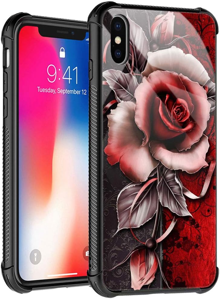 TnXee Funda compatible con iPhone Xs, funda de rosa fantasía para iPhone X, fundas para niñas y mujeres, diseño de patrón para iPhone XXS Red Rlower