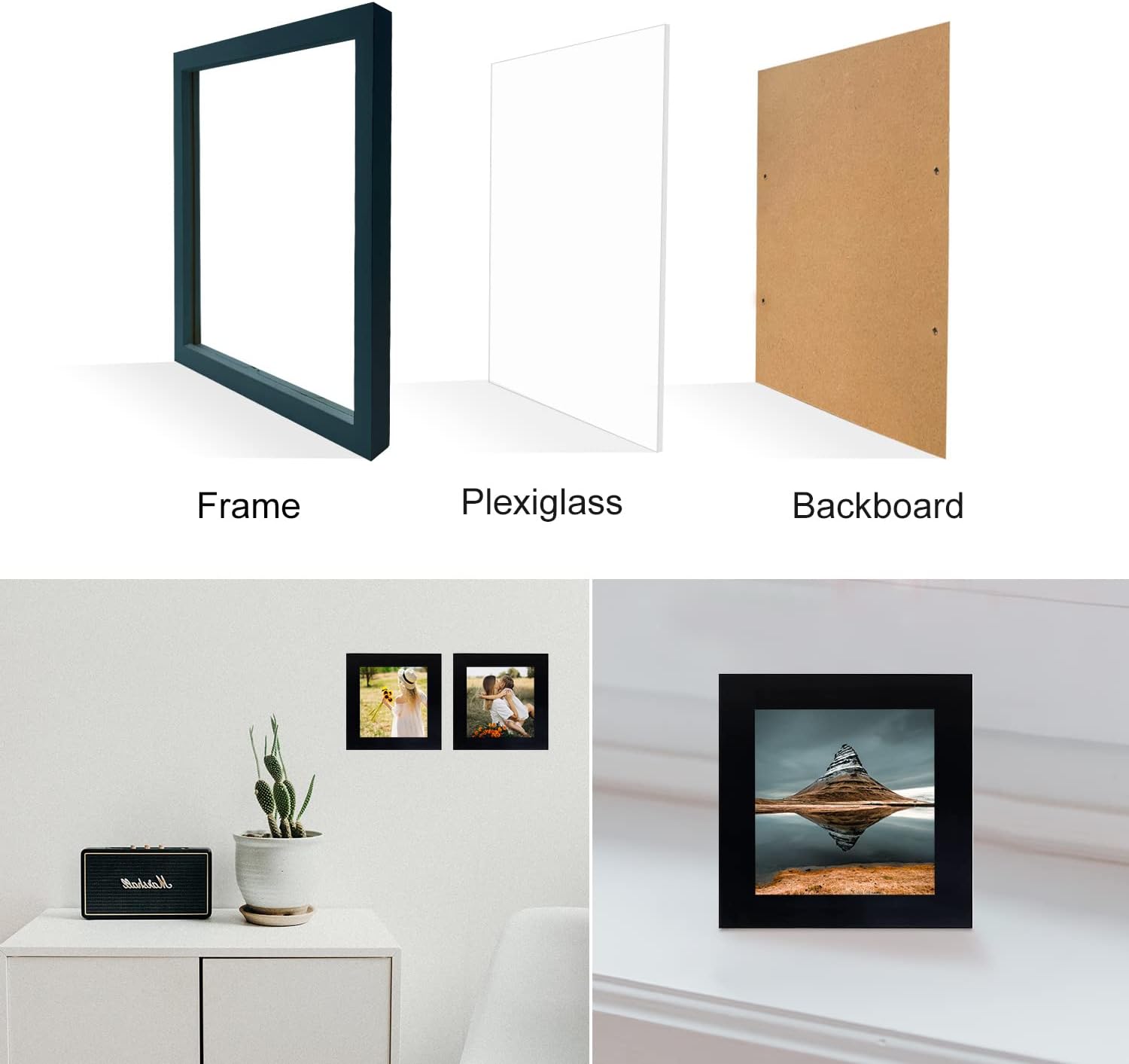 LEKAIYA Juego de 2 marcos de fotos negros de 4 x 4, marco cuadrado de madera maciza para montaje en mesa o pared