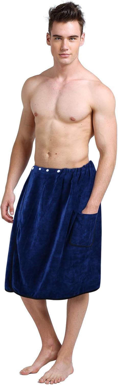SINLAND Toalla de baño de microfibra absorbente de agua de secado rápido para hombre con cierre ajustable a presión, 24 x 63 pulgadas, azul marino