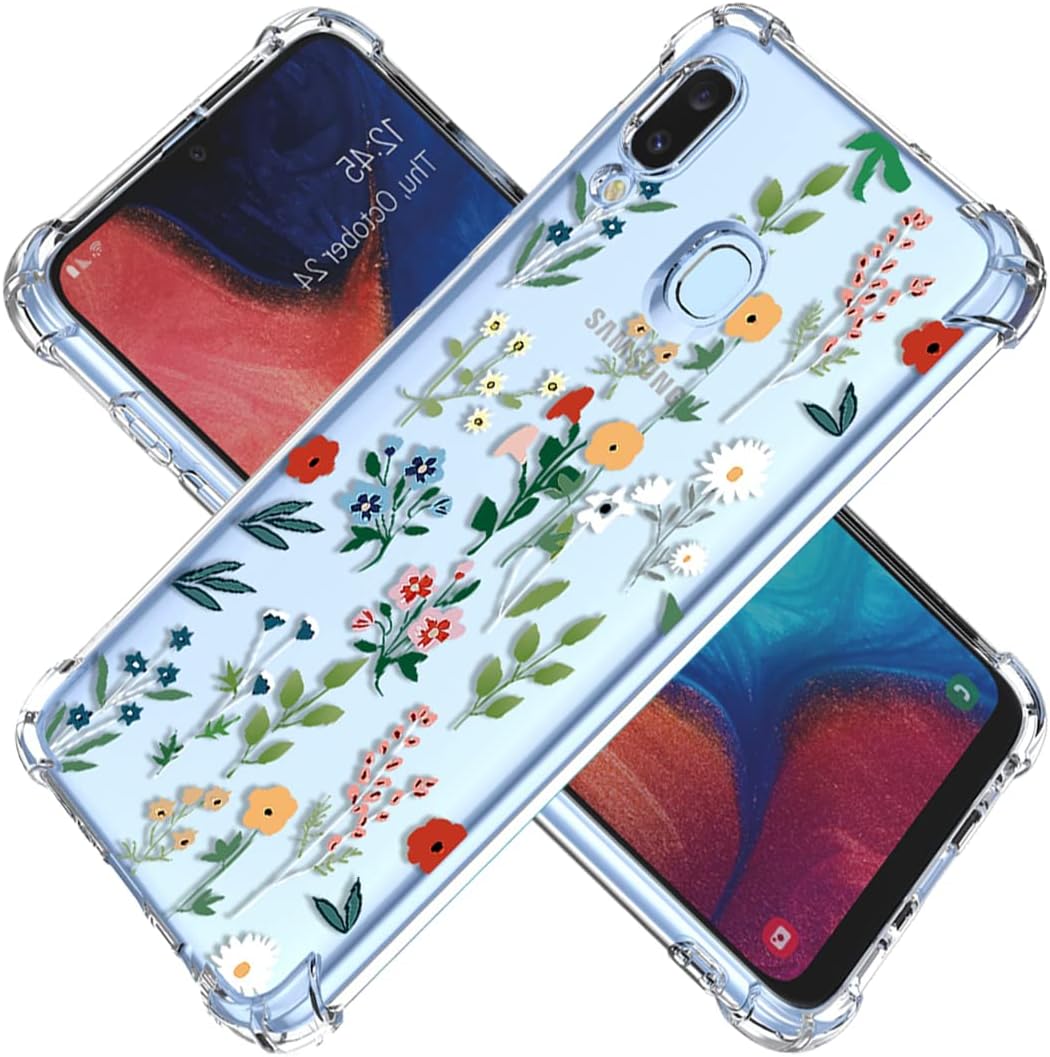 Funda para Galaxy A20Galaxy A30 SM-A205U SM-A305F Funda transparente con diseño de TPU suave absorción de impactos, patrón de jardín de flores,