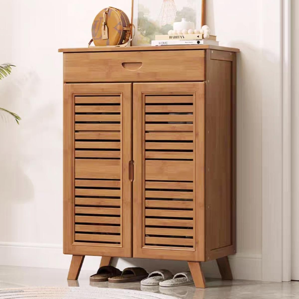 Gdrasuya10 Gabinete de zapatos de bambú para entrada, organizador de zapatos de 5 niveles con puertas, estantes de zapatos medianos de pie libre