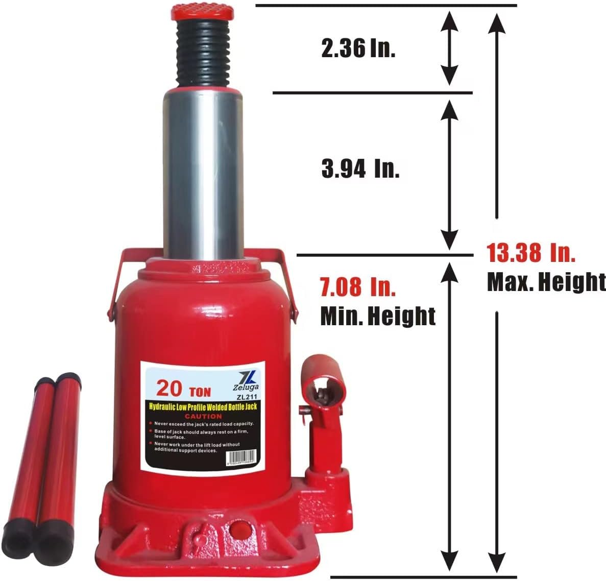 Zeluga ZL211 20 toneladas 40,000 libras capacidad hidráulica soldada botella Jack, rojo
