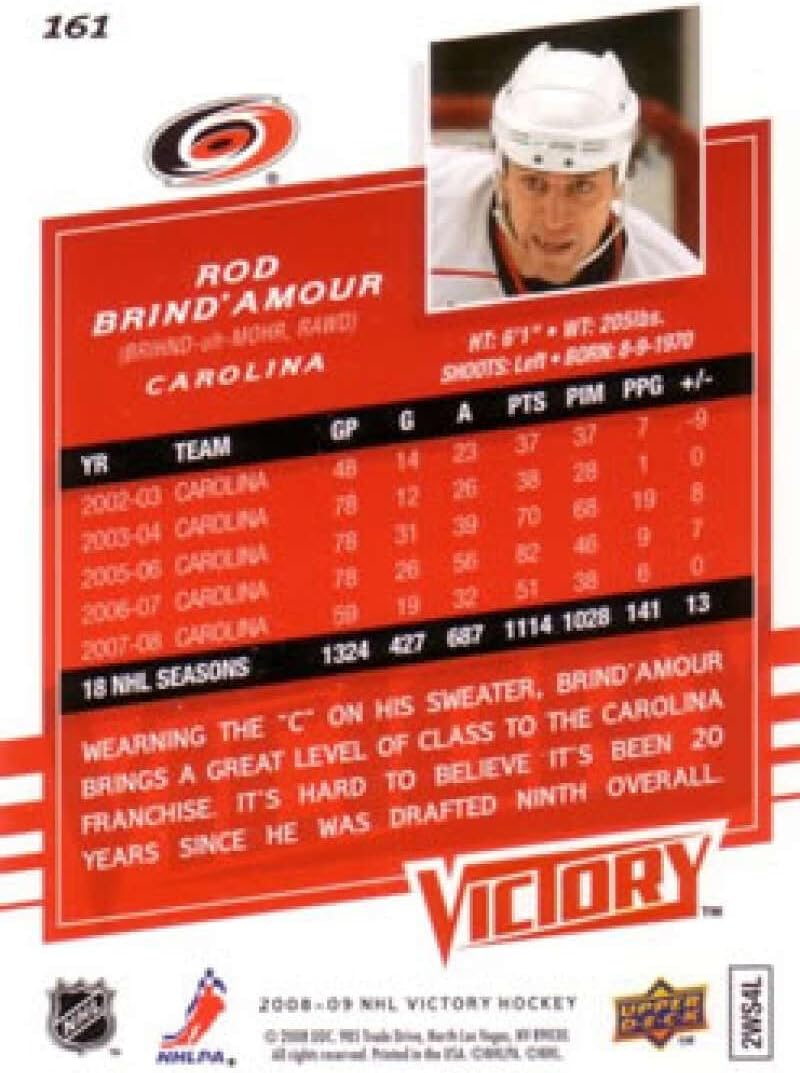 2008-09 Upper Deck Victory Hockey #161 Rod Brind’Amour Carolina Hurricanes Official NHL Trading Card (Stock Photo Shown, Near Mint or Better