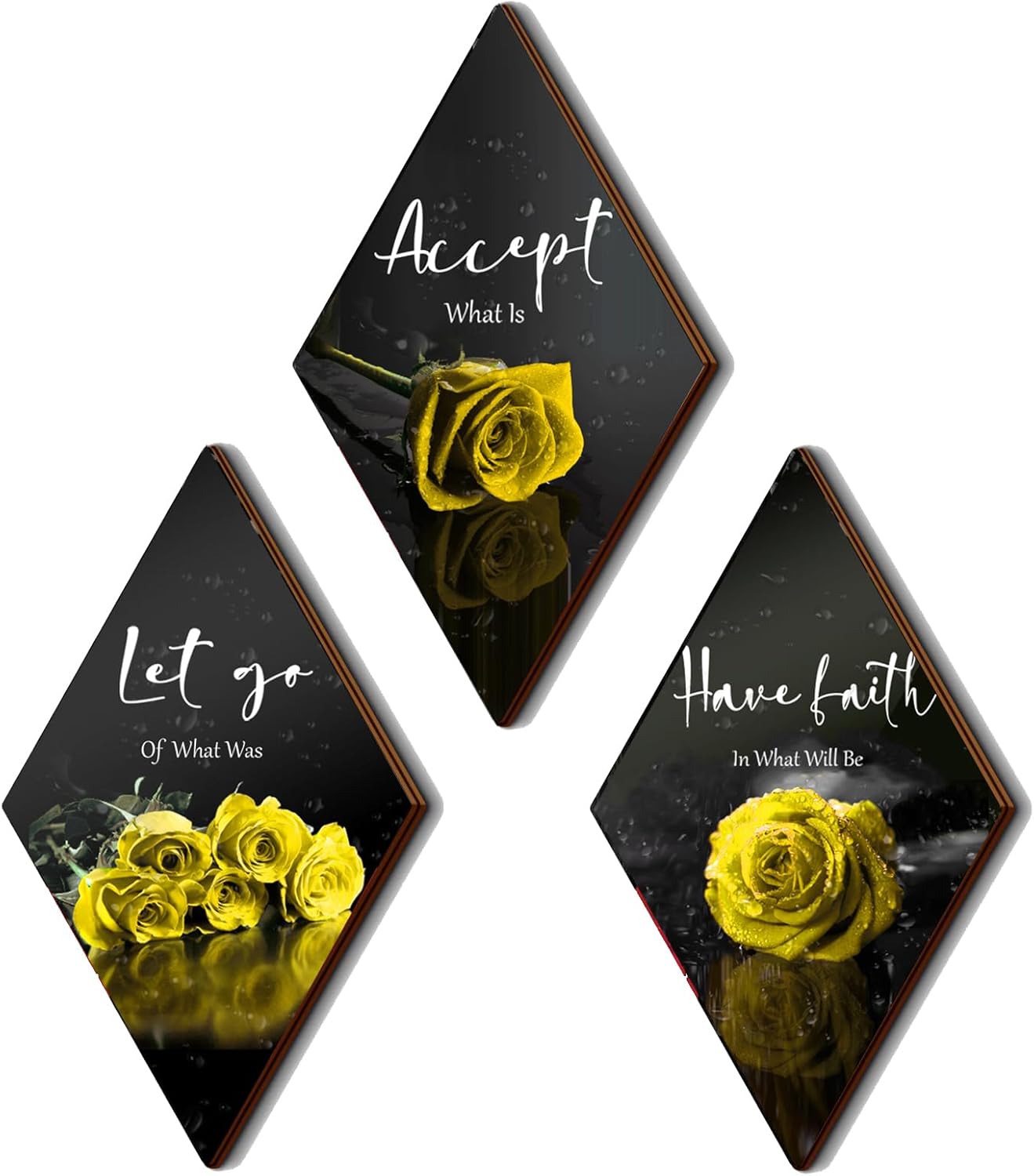 3 piezas de decoración de pared de baño con rosas amarillas, decoración inspiradora de madera, decoración de pared de oficina con letrero de aceptar