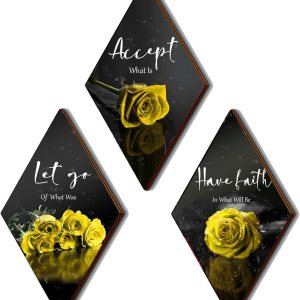 3 piezas de decoración de pared de baño con rosas amarillas, decoración inspiradora de madera, decoración de pared de oficina con letrero de aceptar 3 piezas de decoración de pared de baño con rosas amarillas, decoración inspiradora de madera, decoración de pared de oficina con letrero de aceptar