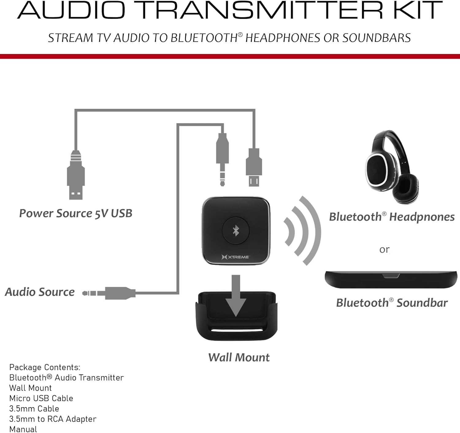 Xtreme – Kit de transmisor de audio de 5 piezas, transmisión de audio a auriculares compatibles con Bluetooth, barras de sonido, viene con