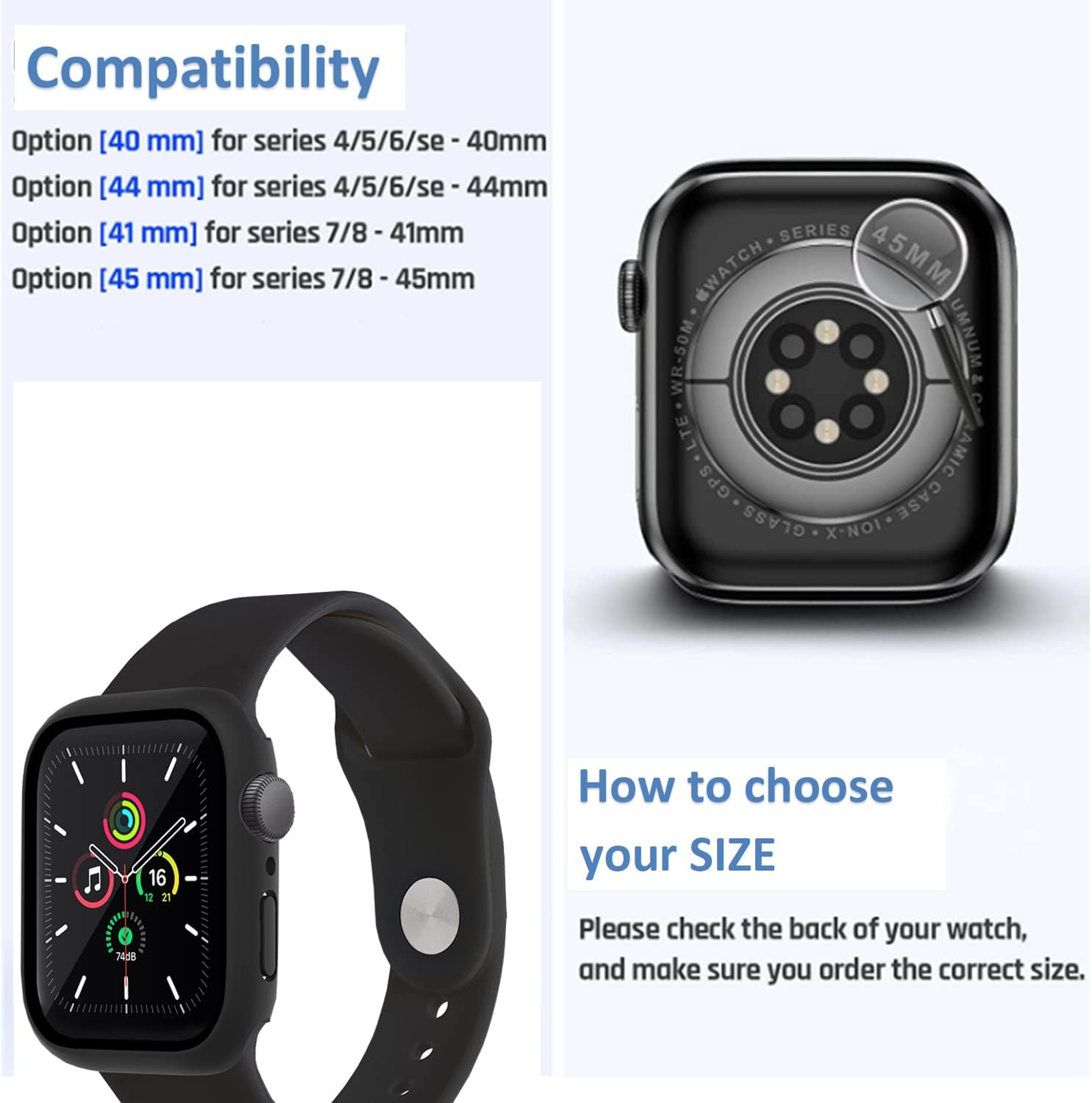 Funda impermeable 2 en 1 para Apple Watch Series 8 y Series 7 de 1.772 in, protector de pantalla de vidrio protector 360 de policarbonato duro +