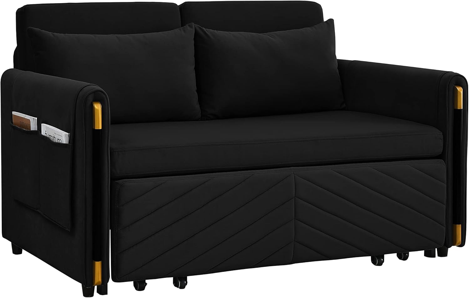 Moderno sofá cama convertible con 2 bolsillos desmontables en los brazos, sofá biplaza de terciopelo ajustable multiposición con cama extraíble con