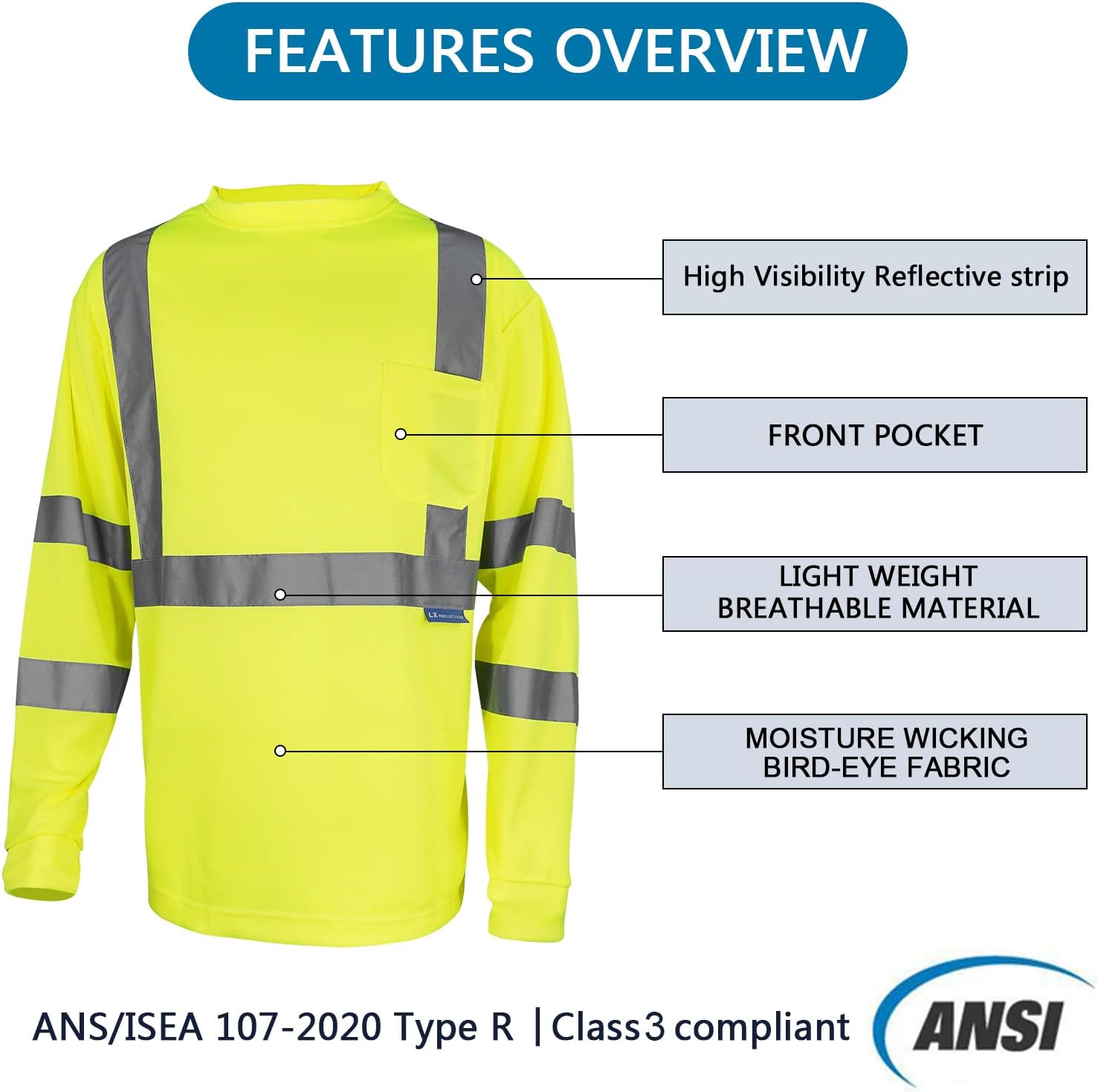 Camiseta de seguridad de manga larga de alta visibilidad, reflectante, transpirable, para trabajo, almacén, construcción, clase 3
