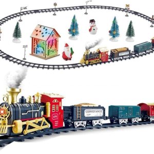 Juegos de tren de Navidad para debajo del árbol, tren de locomotora de vapor eléctrico con luces, música, funciona con pilas, juego para niños y Juegos de tren de Navidad para debajo del árbol, tren de locomotora de vapor eléctrico con luces, música, funciona con pilas, juego para niños y