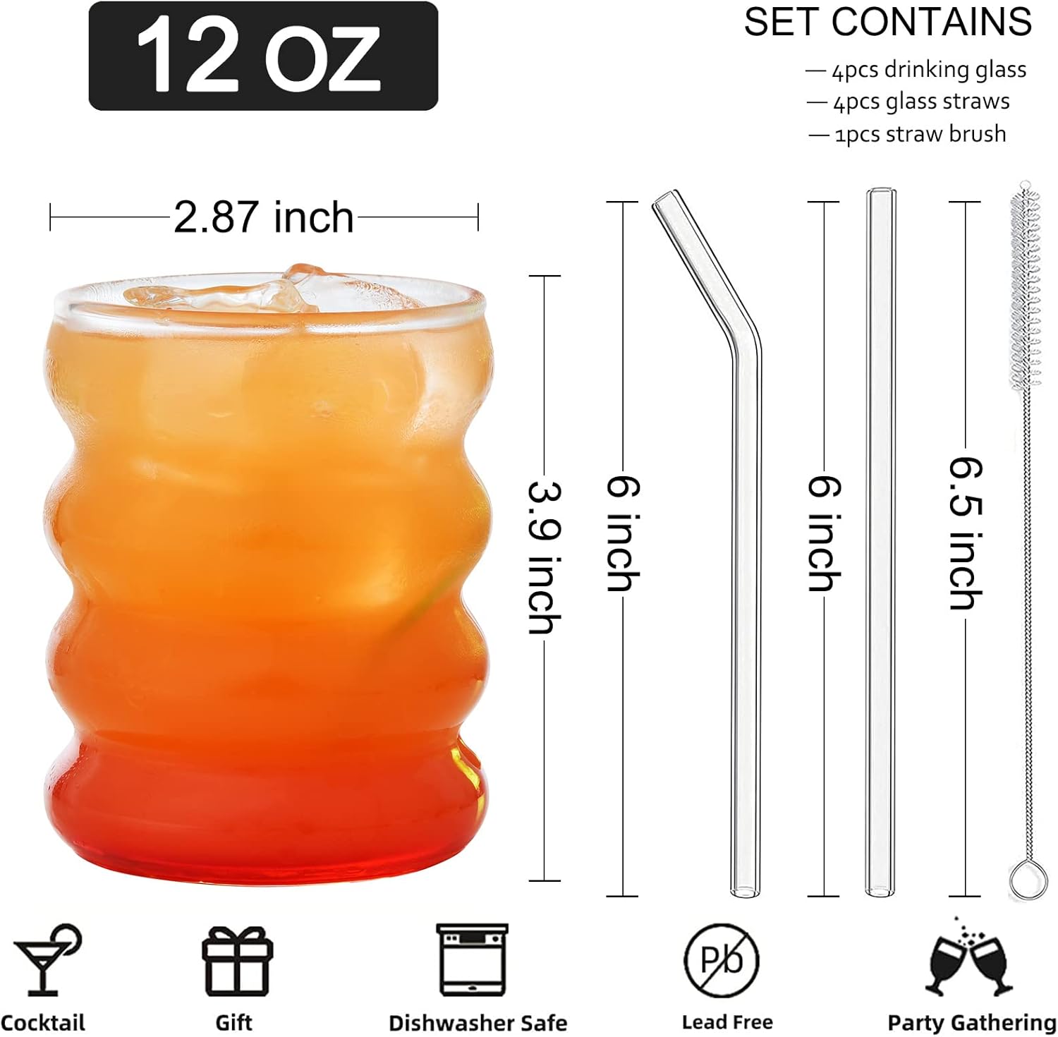 ALINK Juego de 2 vasos para beber con pajitas de vidrio, vasos de vidrio de burbujas con forma de onda de 12 onzas, vasos de cerveza, vasos de café
