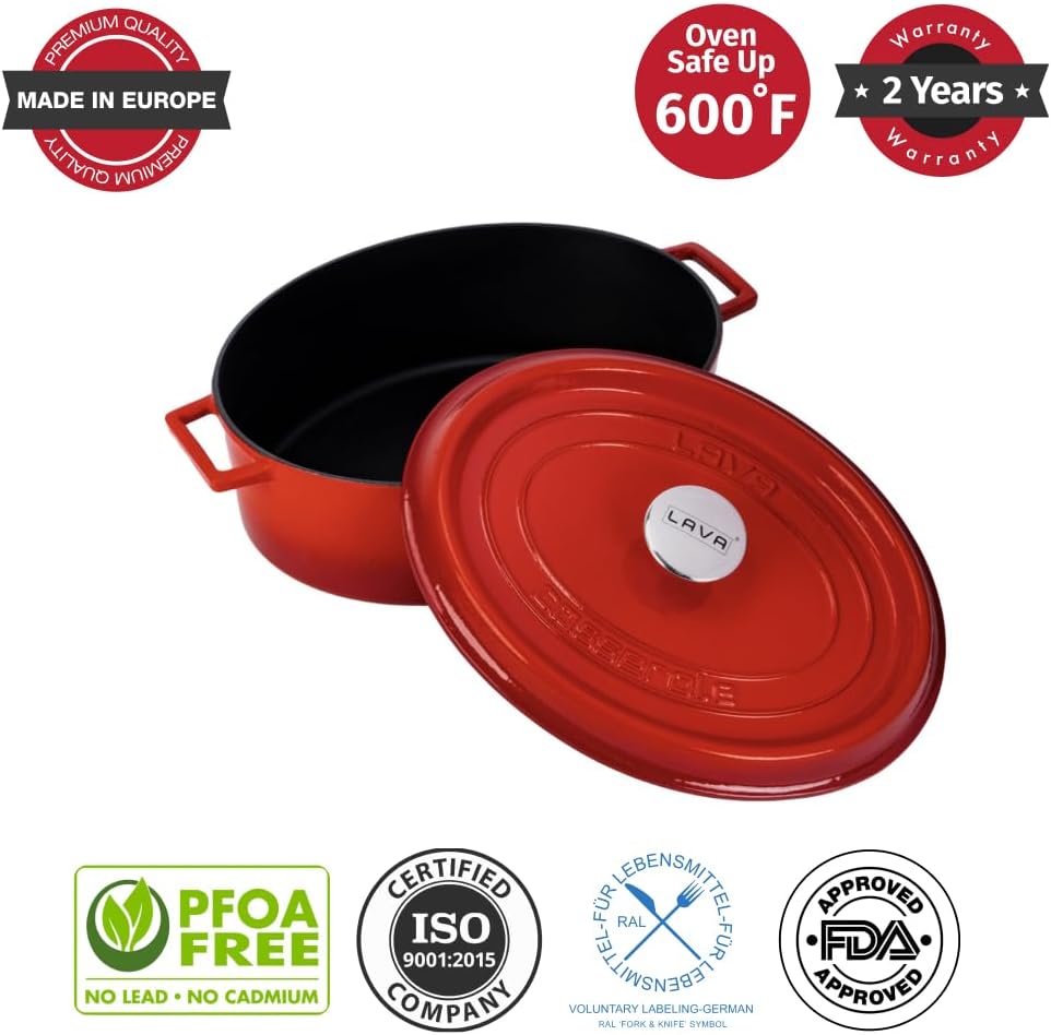 LAVA – Horno holandés de hierro fundido de 6.75 cuartos de galón olla holandesa de forma ovalada multiusos con tres capas de esmalte recubiertas con