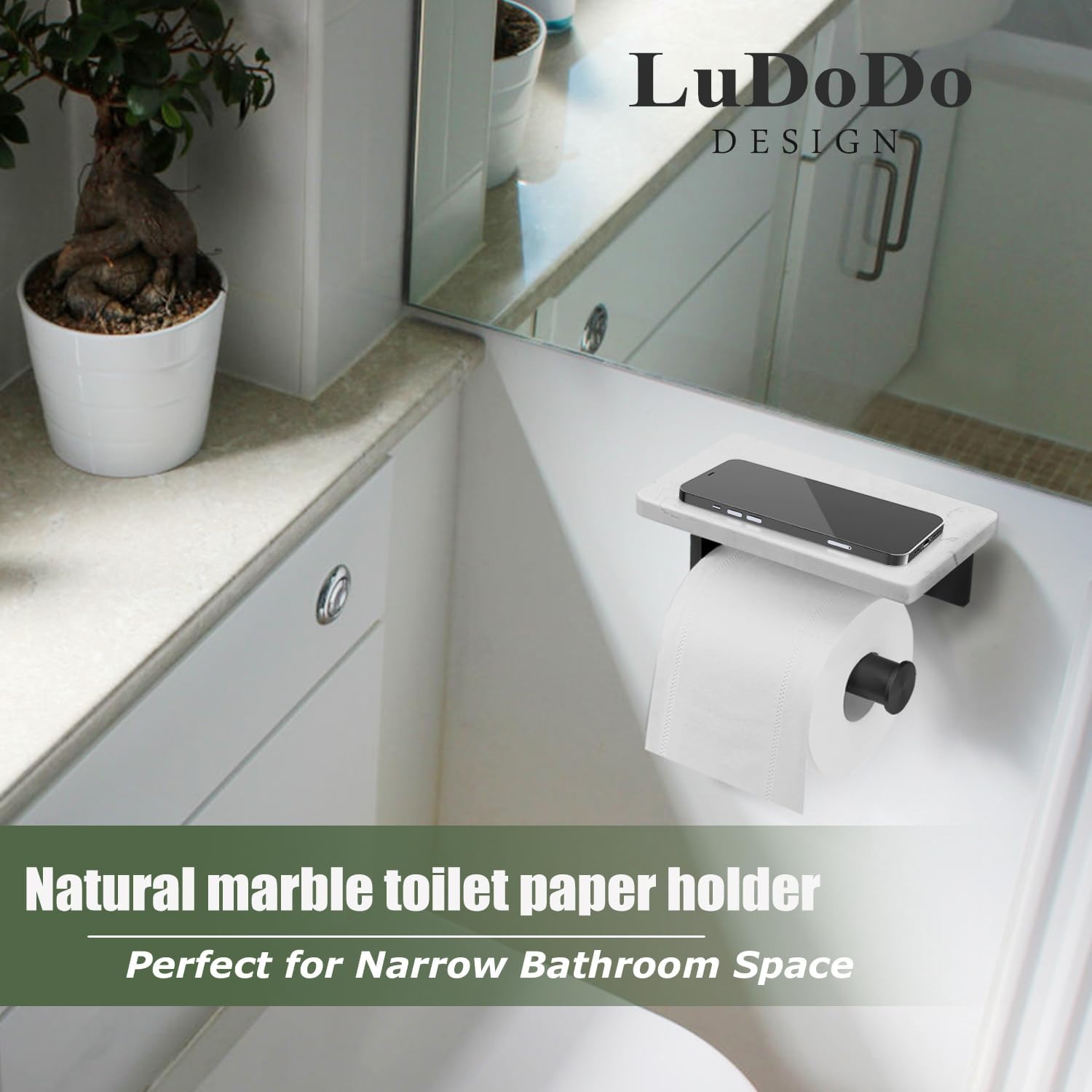 LuDoDo Portarrollos de papel higiénico negro mate con estante de mármol, soporte para rollo de papel higiénico montado en la pared para baño y baño