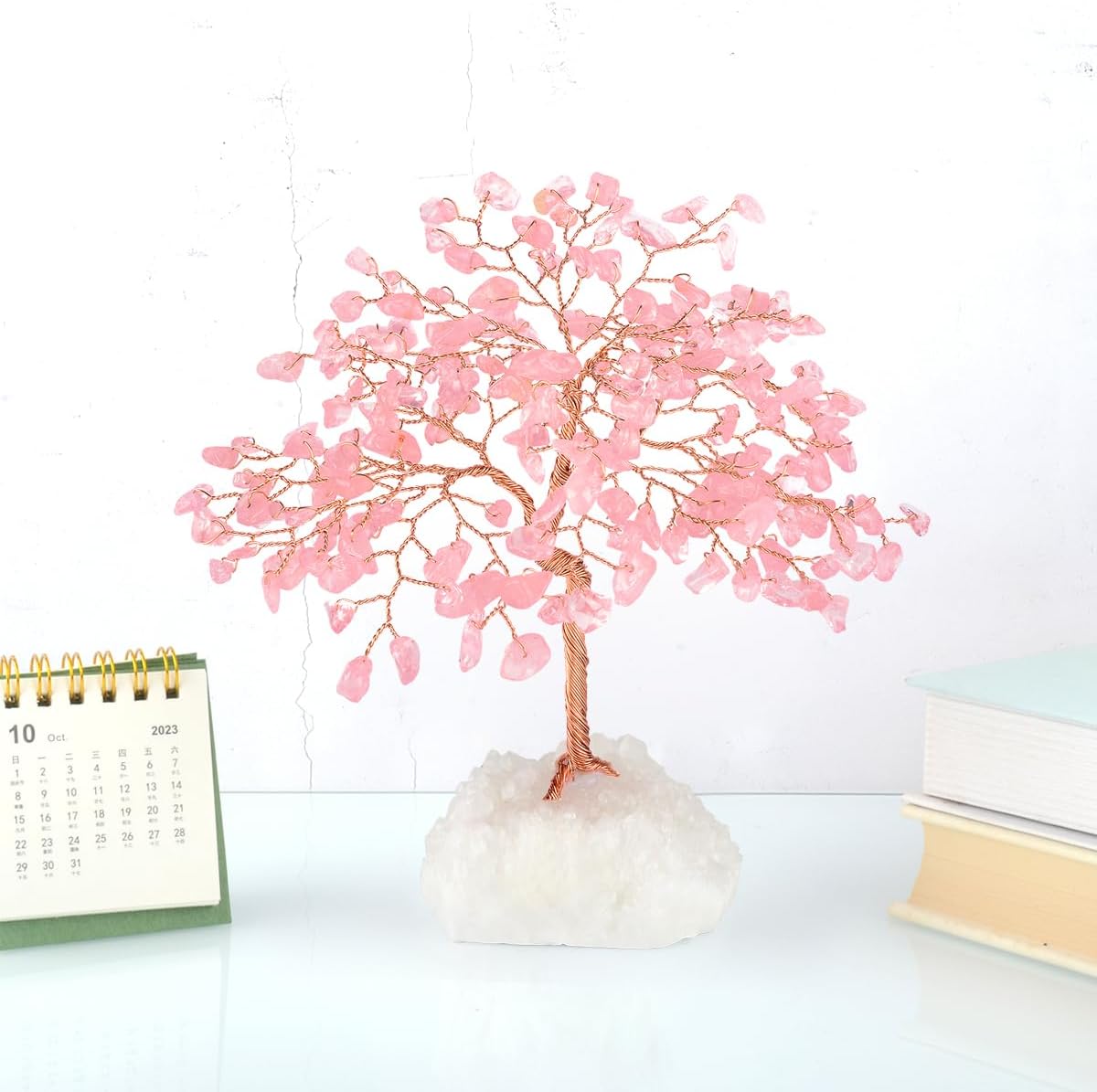 MASGEMES Gemstone Crystal Tree of Life,Natural Rose Quartz Clear Quartz Cluster Base,Healing Crystal Positive Energy Bonsai Feng Shui Money Tree