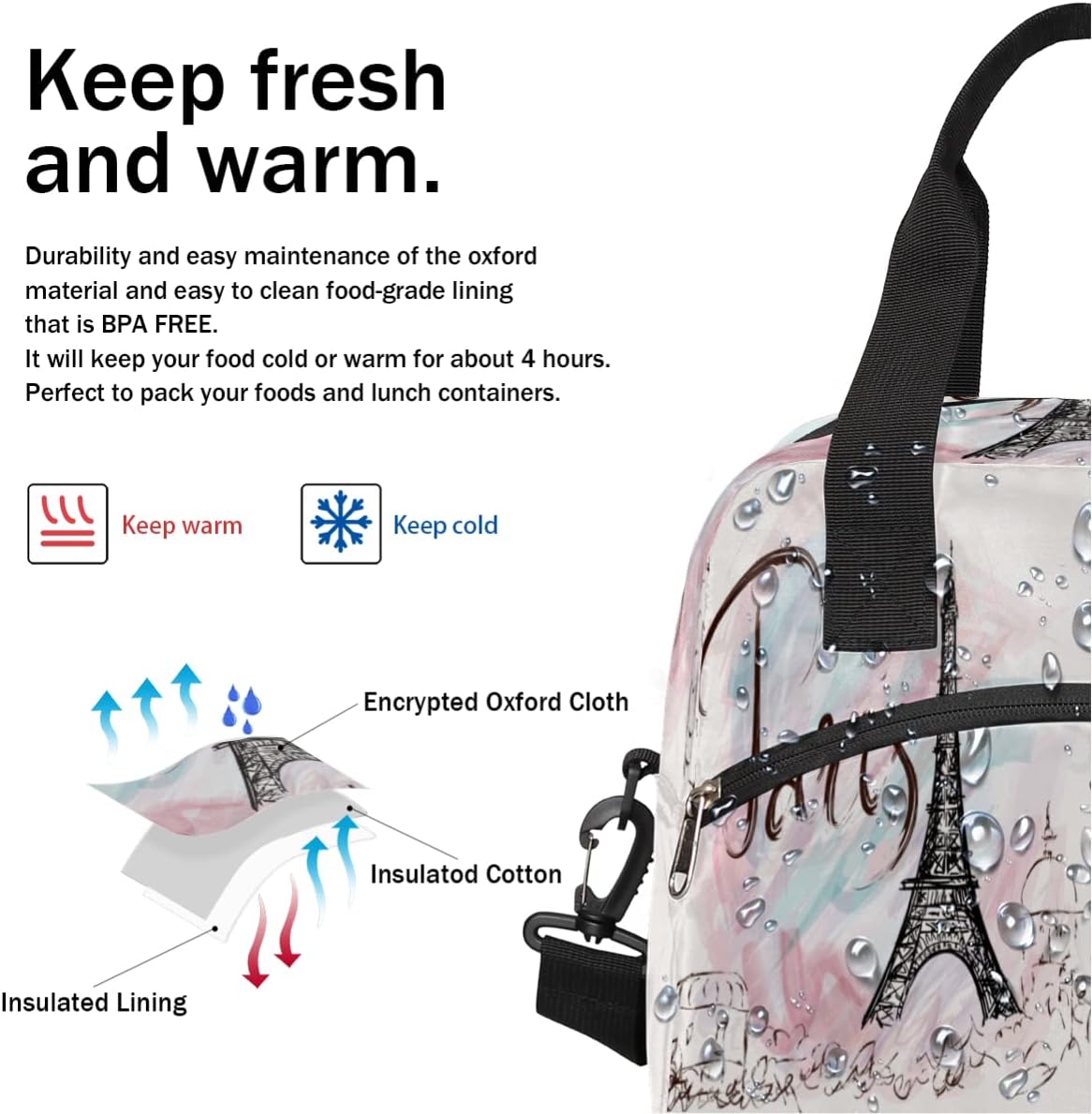 Bolsa de almuerzo con aislamiento térmico de la Torre Eiffel de París, para mujeres, hombres, niñas, niños, romántica bolsa de almuerzo con correa