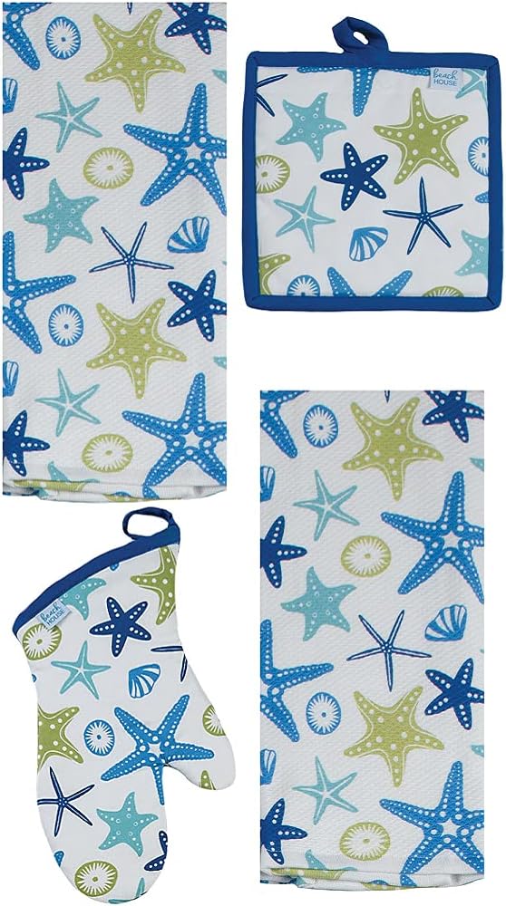 Kay Dee Designs – Paquete de 4 piezas de cocina con estrella de mar, 2 toallas de doble propósito, 1 agarradera y 1 guante de horno