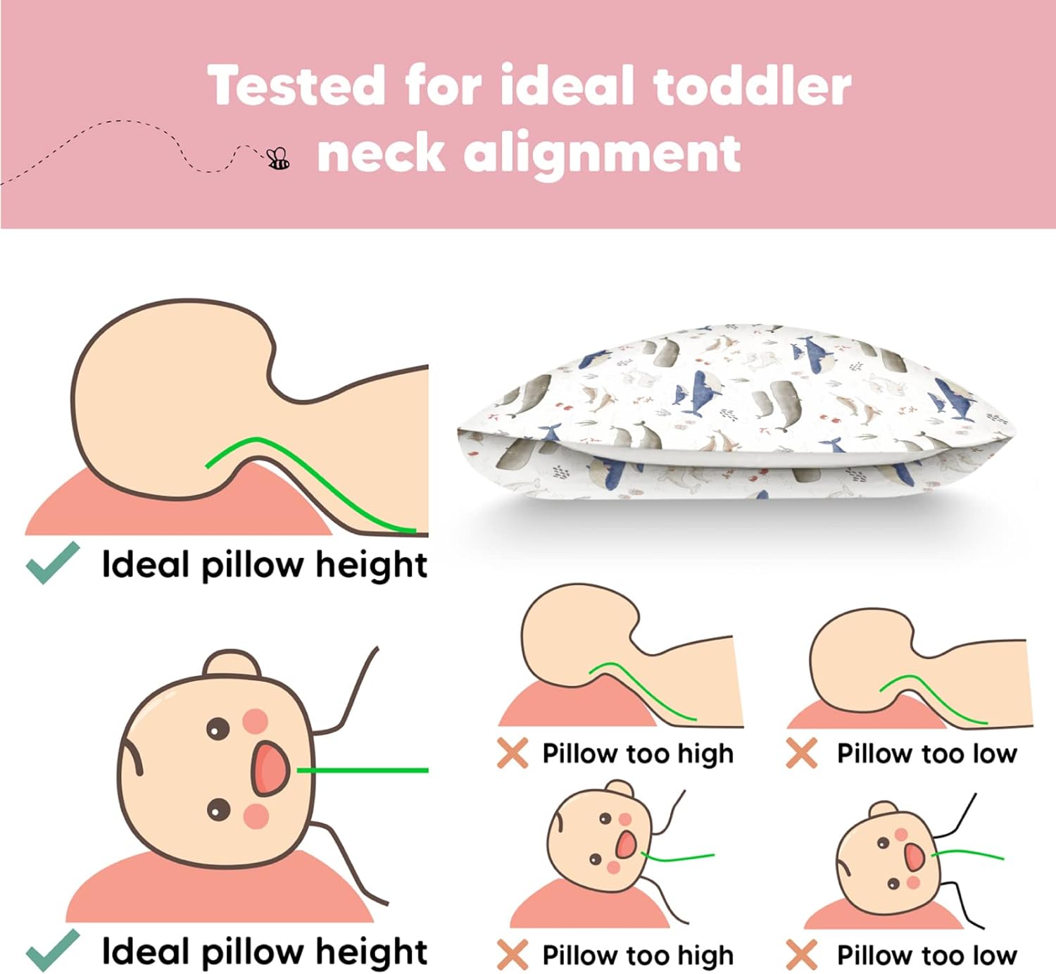 KeaBabies Almohada para niños pequeños con funda de almohada, tamaño jumbo de 14 x 20 pulgadas, almohadas suaves de algodón orgánico para dormir,