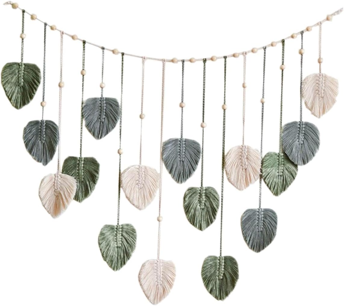 KLKCMS Tapiz tejido de macramé para colgar en la pared, telón de fondo estético bohemio para el hogar, borla de hojas de macramé, decoración de
