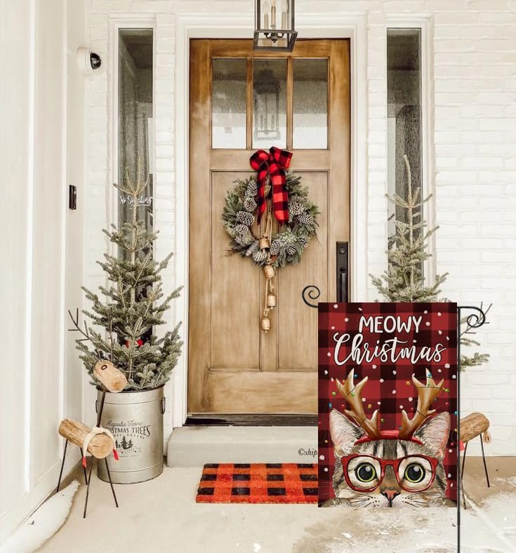 Banderas de jardín de Feliz Navidad de 12 x 18 pulgadas, verticales de doble cara, cuadros rojos navideños con gato, decoración exterior de patio
