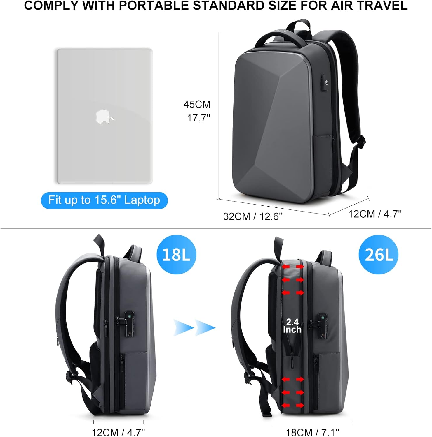 FENRUIEN Mochila antirrobo de carcasa dura de 15.6 pulgadas, mochila expandible delgada para laptop de viaje de negocios para hombres, bolsa gris