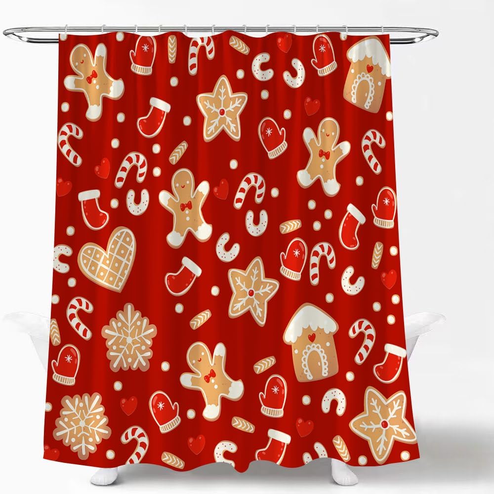 Cortina de ducha de pan de jengibre de Navidad, diseño de galletas, lindo hombre de jengibre, copo de nieve, vacaciones de invierno, feliz año