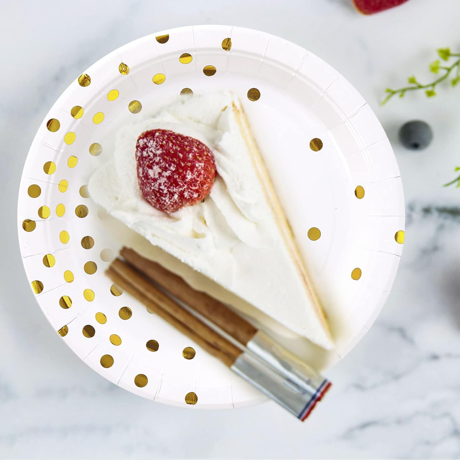 Suministros de fiesta blancos y dorados, platos de postre de papel de punto dorado (50 unidades)