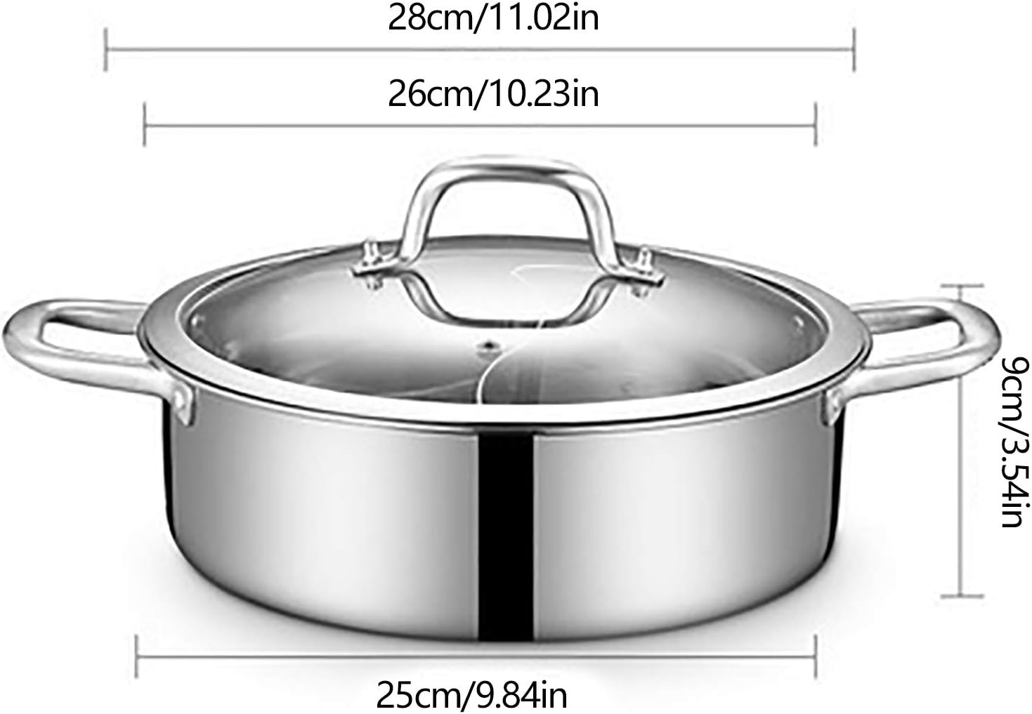 Olla caliente Shabu de doble cara, olla de acero inoxidable con divisor, olla dividida con 2 cucharones de sopa de alimentos y 1 tapa de vidrio