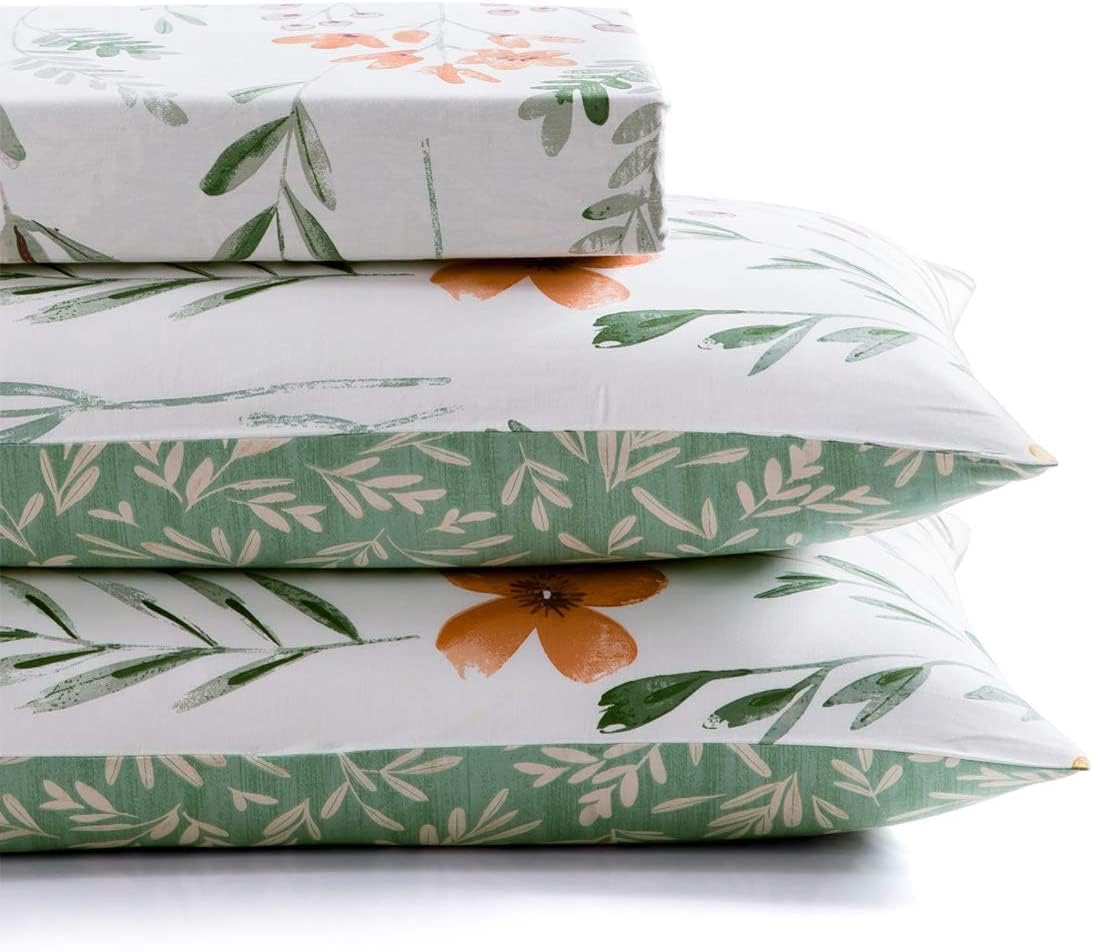 SLEEPBELLA Juego de funda de edredón de algodón de 600 hilos (tamaño individual, floral blanco y verde)