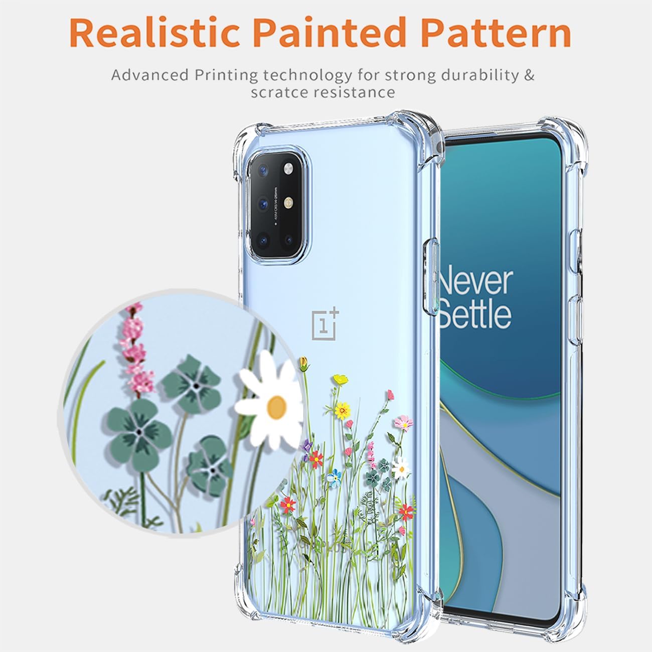 Funda para teléfono OnePlus 8T 5G, OnePlus 8T+ 5G KB2000 con protector de pantalla, funda transparente con patrones de jardín de flores, funda