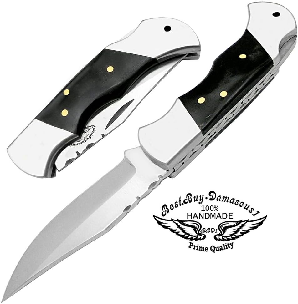 Cuchillo plegable de acero inoxidable 420cs Cuchillos de caza plegables de 5.5 pulgadas de cuerno de búfalo negro Handel cuchillo de senderismo –