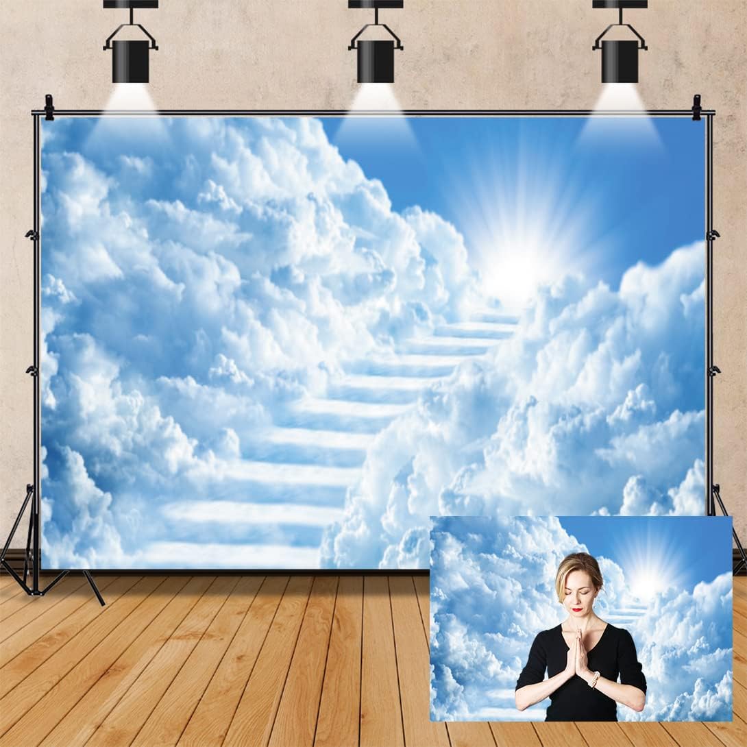 OERJU Telones de fondo de cielo de 8 x 6 pies para fotografía, escalera al cielo, puerta del paraíso, luz del sol, cielo nubes, fondo, baby shower,