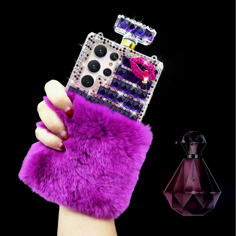 LUVI Compatible con Galaxy S22 Ultra – Funda para botella de perfume para mujeres y niñas, bonita felpa peluda 3D Bling Diamond Glitter Crystal
