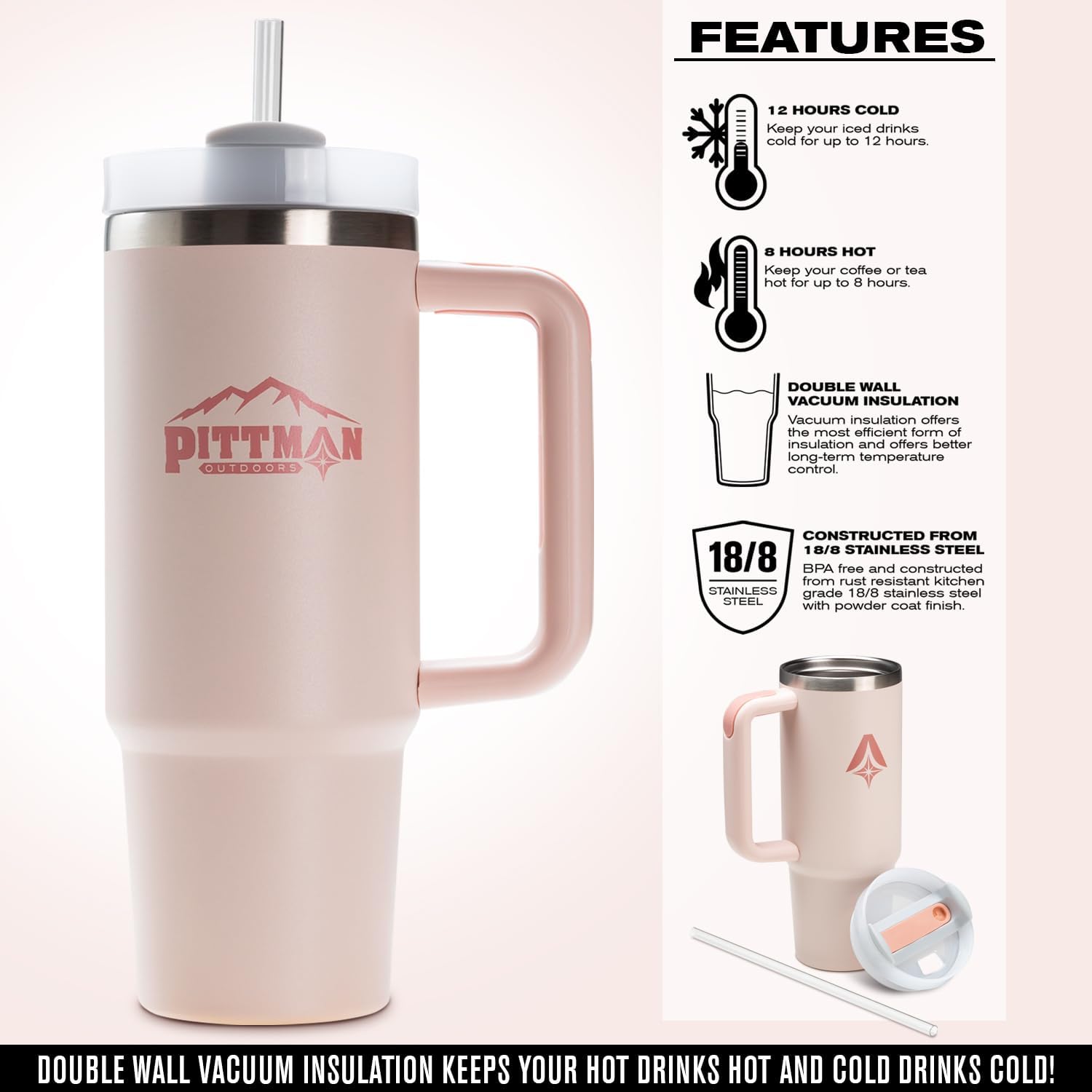 Pittman Outdoors Vaso de hidratación de 40 onzas con mango suave y cómodo, color rosa, taza de viaje para café y bebida