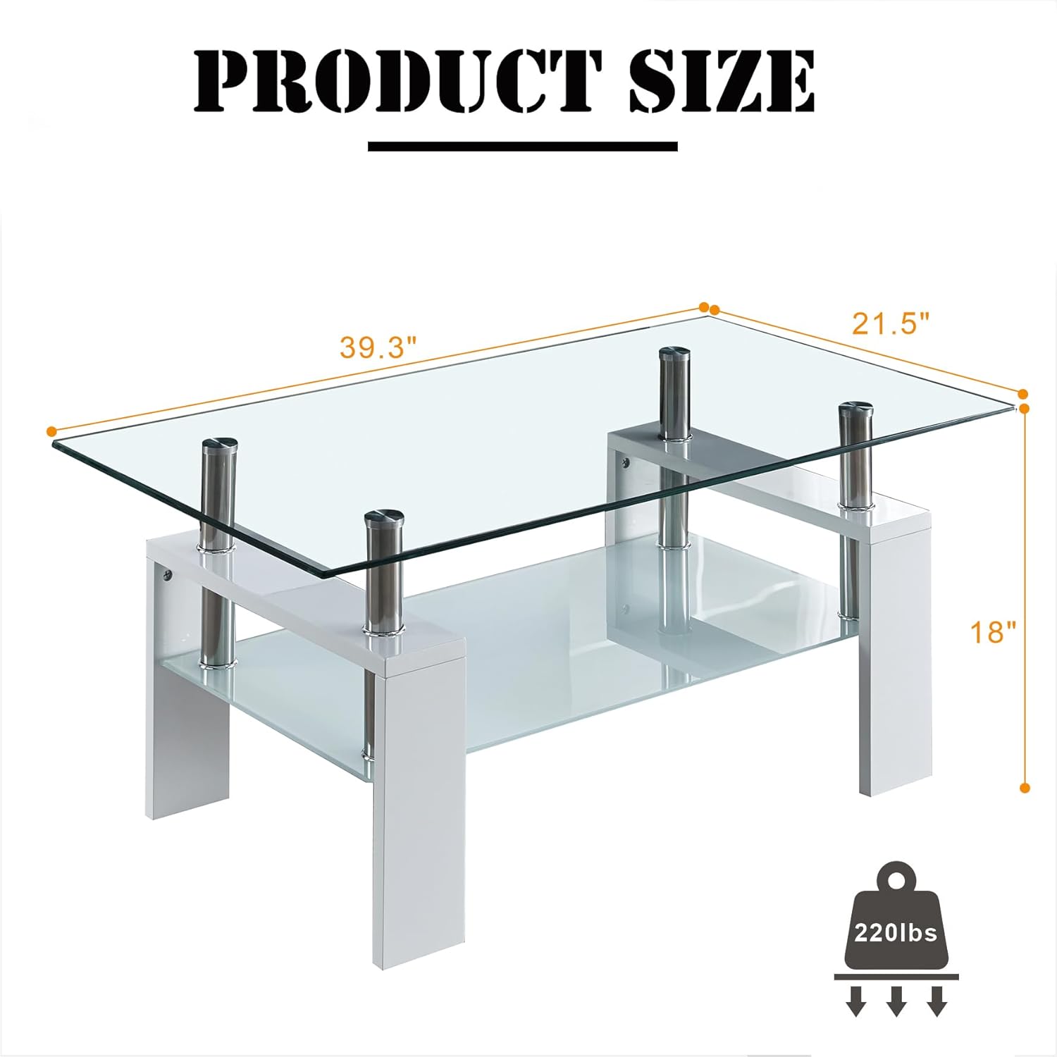 Mesa de centro rectangular de vidrio de 37 pulgadas, mesa de centro lateral blanca moderna con estante inferior, mesa de centro de doble capa con