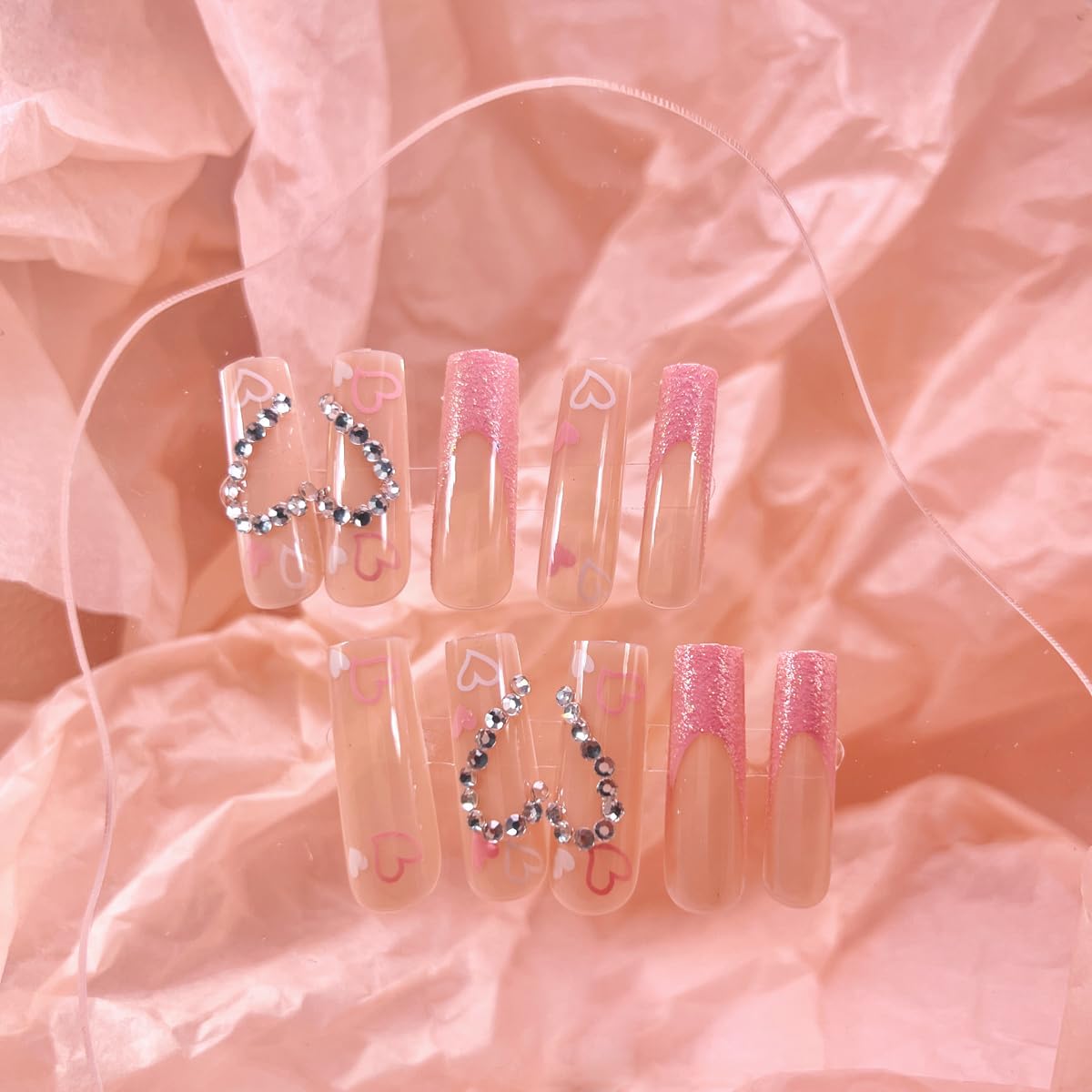 Uñas postizas largas a presión, color rosa, estilo ataúd, francesas, cobertura completa, con purpurina, uñas postizas acrílicas con diamantes de