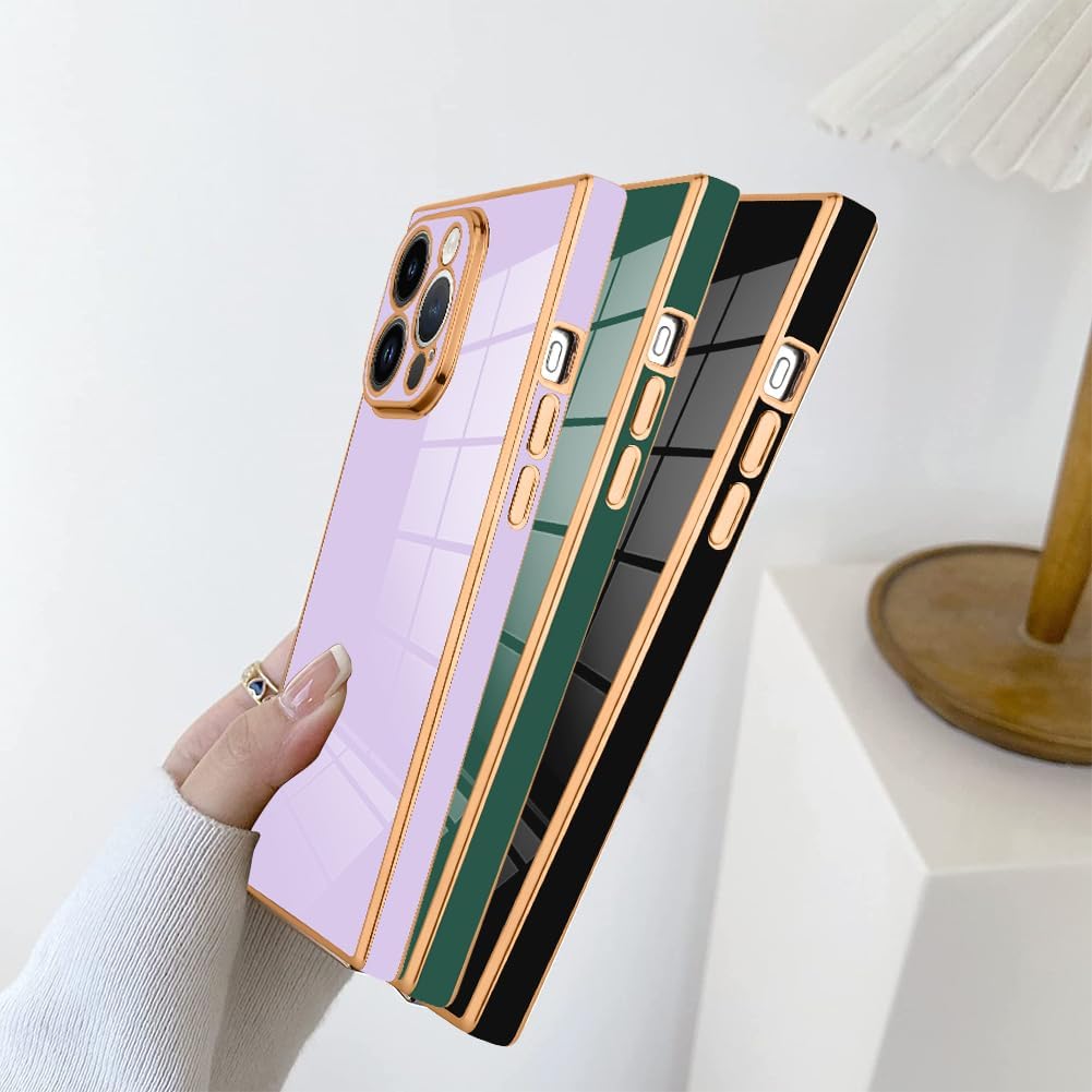 SAKUULO Funda de teléfono para iPhone 15 Pro Max, bonita funda cuadrada dorada chapada en oro para mujeres y niñas, TPU suave, a prueba de golpes,