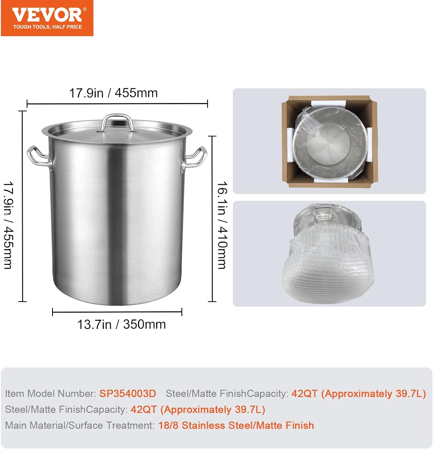 VEVOR Olla de acero inoxidable 188, ollas de cocina grandes de 42 cuartos de galón, olla multiusos con base compuesta, olla de grado comercial