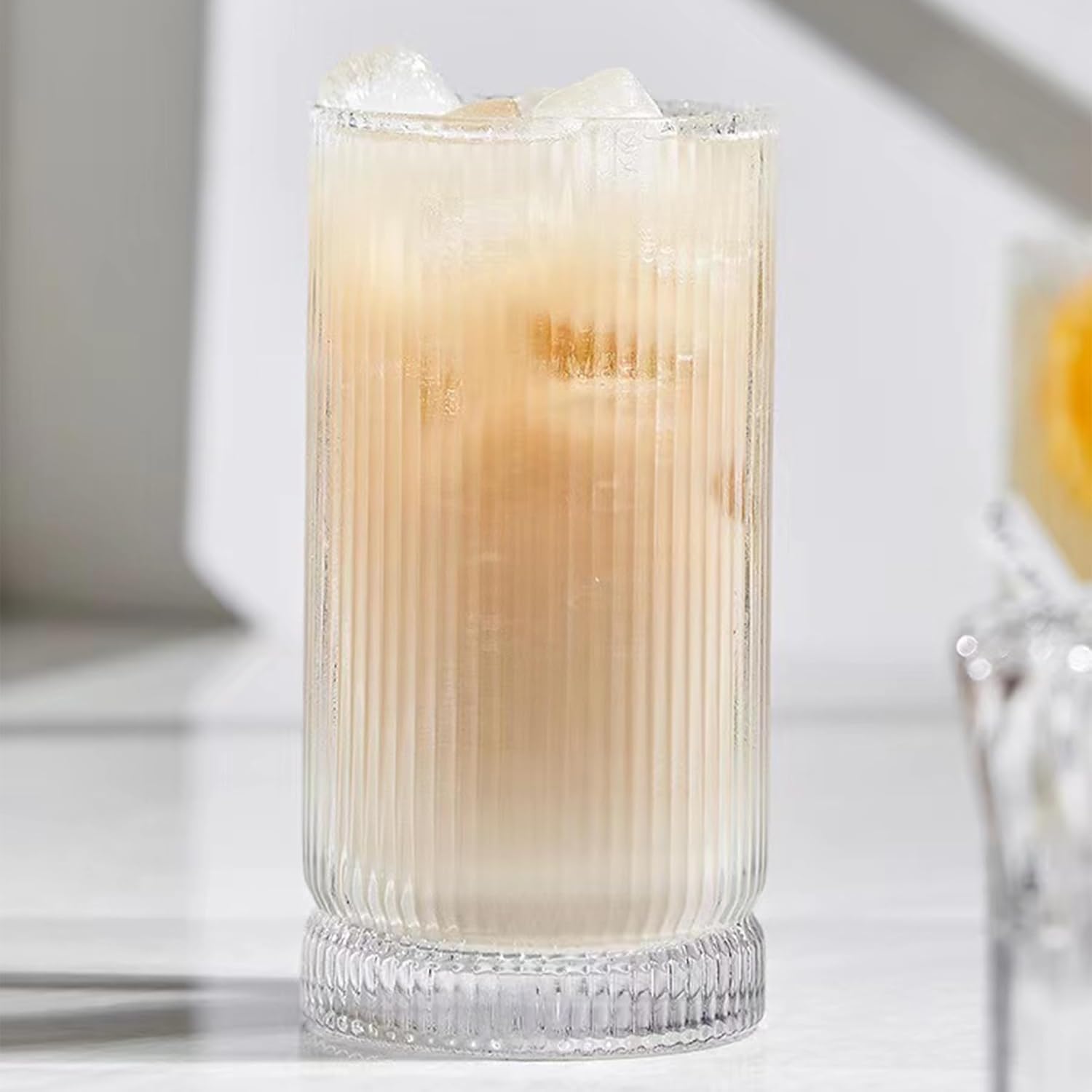 Juego de 4 vasos de 16 onzas, vasos de vidrio altos para café helado, cócteles, jiuces, cristalería acanalada, elegantes vasos de agua altos para el