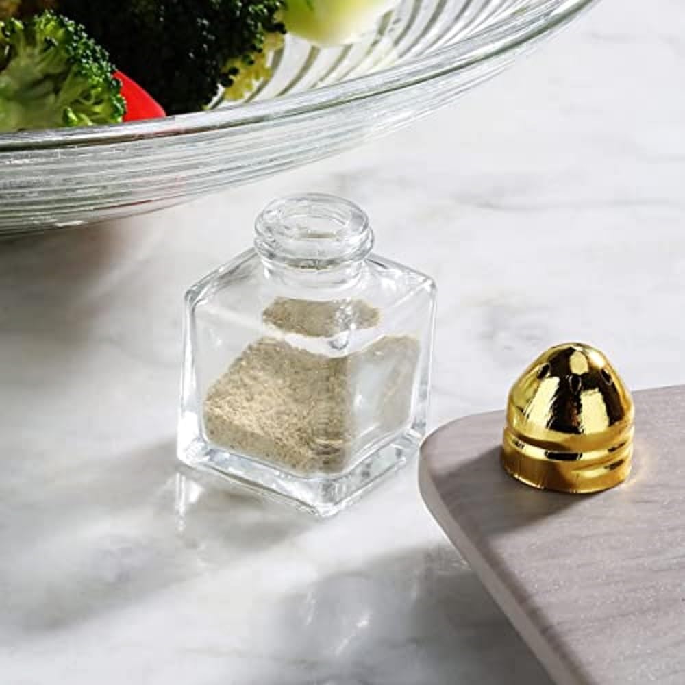 Juego de 24 saleros y pimenteros dorados de 12 oz, mini cubos cuadrados de cristal, saleros y pimenteros con parte superior dorada para restaurantes
