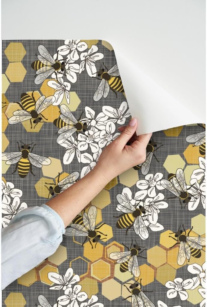 Spoonflower Papel tapiz autoadhesivo de 3 x 2 pies – Blanco Floral Naturaleza Insectos Amarillos Modernos Abejas Miel Gris Papel pintado extraíble