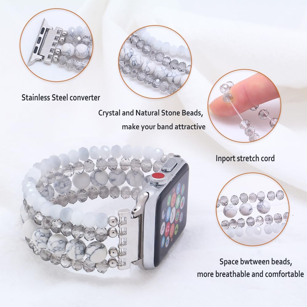 LuReen Pulsera de cuentas de piedra compatible con Apple Watch Band Series UltraSE987654321, correa elástica para iWatch Band 1.496 in1.575 in1.614