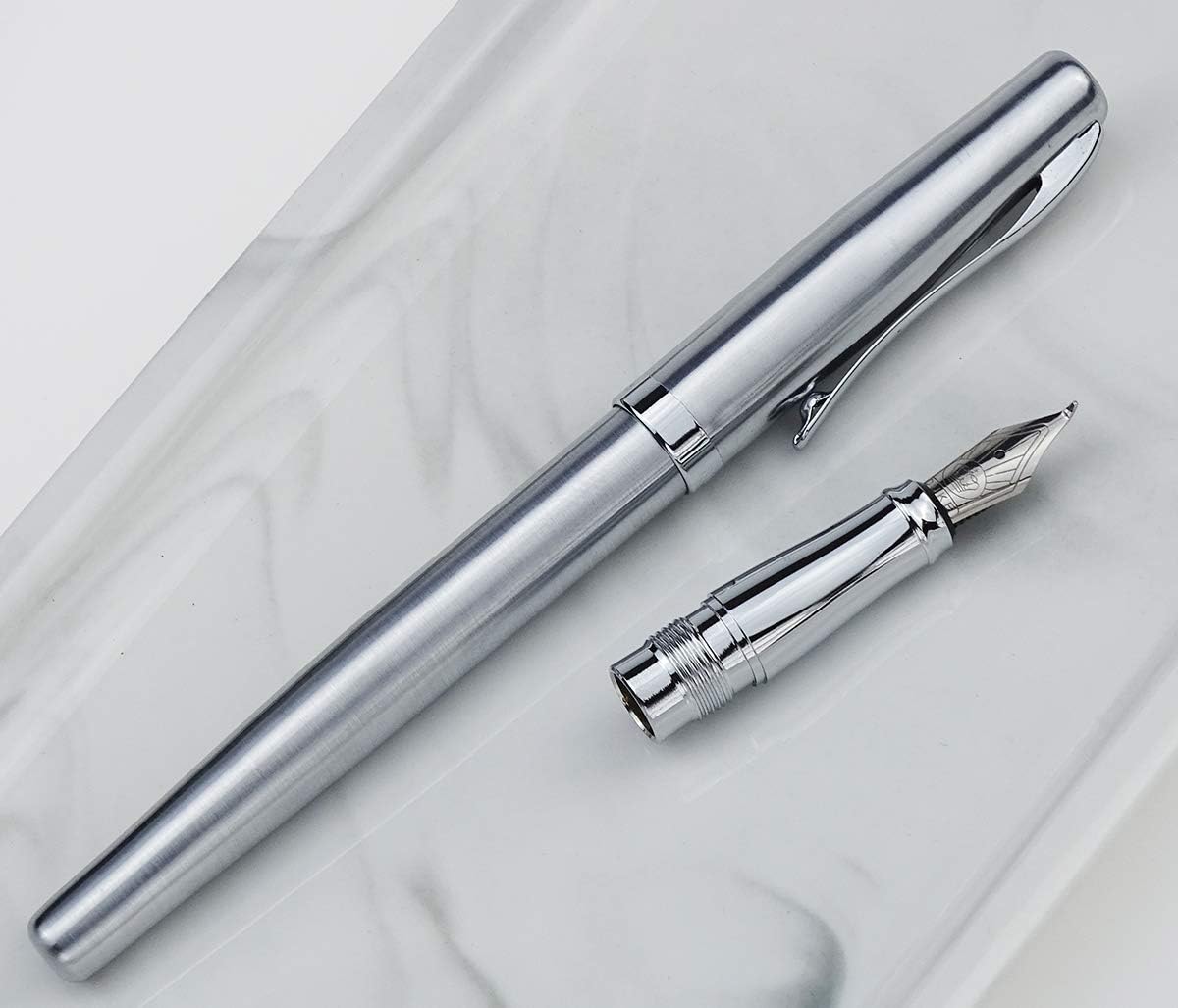 Duke 209 – Pluma estilográfica de acero plateado de doble punta mediana y doblada, juego de escritura intercambiable con caja de regalo