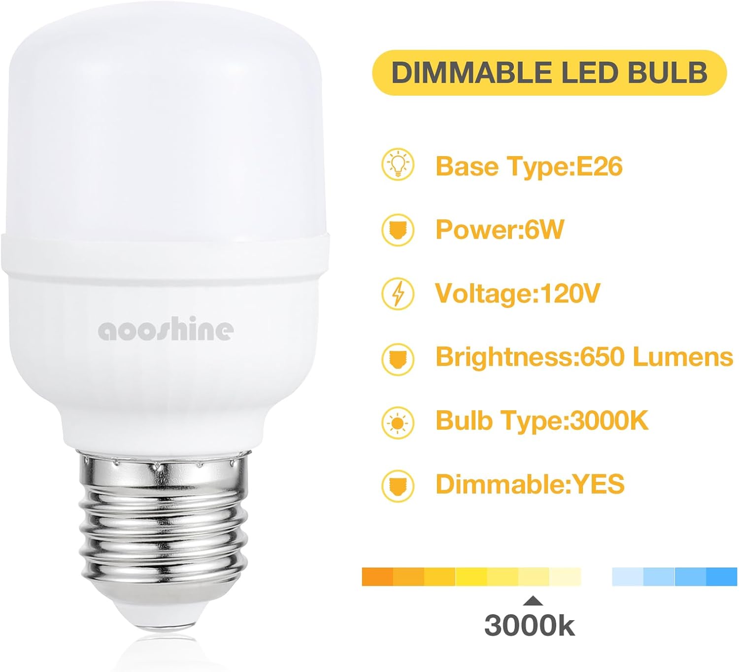 aooshine Q50 Bombilla LED regulable  Bombilla LED blanca cálida de 3000 K, base E26 estándar, 1 paquete, 650 lúmenes, 120 voltios y 6 vatios