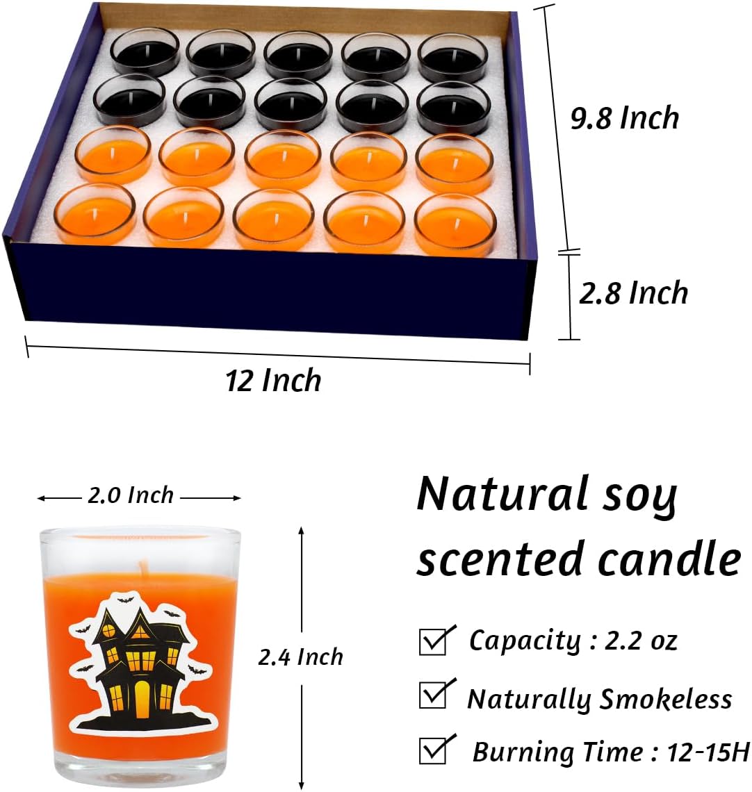10 velas votivas naranjas y 10 negras, vela de cera de soja sin perfume rellena en vidrio transparente para Halloween, otoño, decoración del hogar y